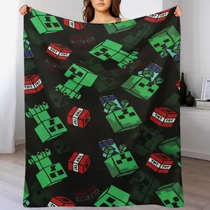 Pixel Creeper & TNT Block Blanket, Gamer Throw, Cool Video Game Room Decor for Boys & Teens, Soft Flannel Fleece Blanket