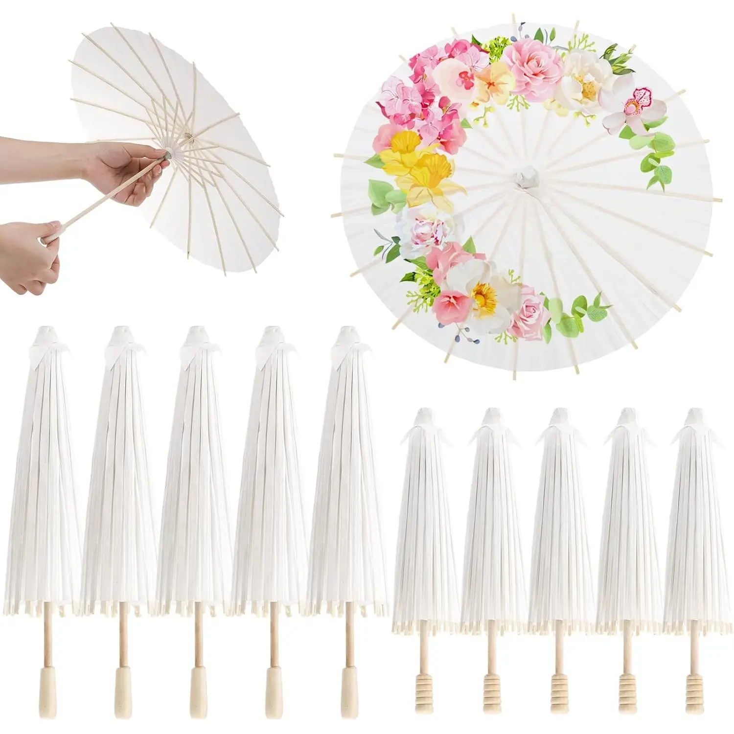 10 Pack Parasol Paper Umbrellas, 12" 16" DIY Small Painting Handmade Decorative Oil Parasol, White Paper Umbrella 2 Sizes for Decorations  Party Wedding Craft Photo Props Art Display