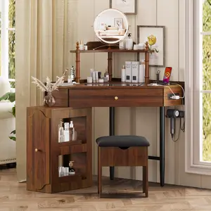 Makeup Vanity Set with Removable Cabinet & Charging Station, Corner Triangle Desk with Glass Top, Drawer, Shelf and Cushioned Stool