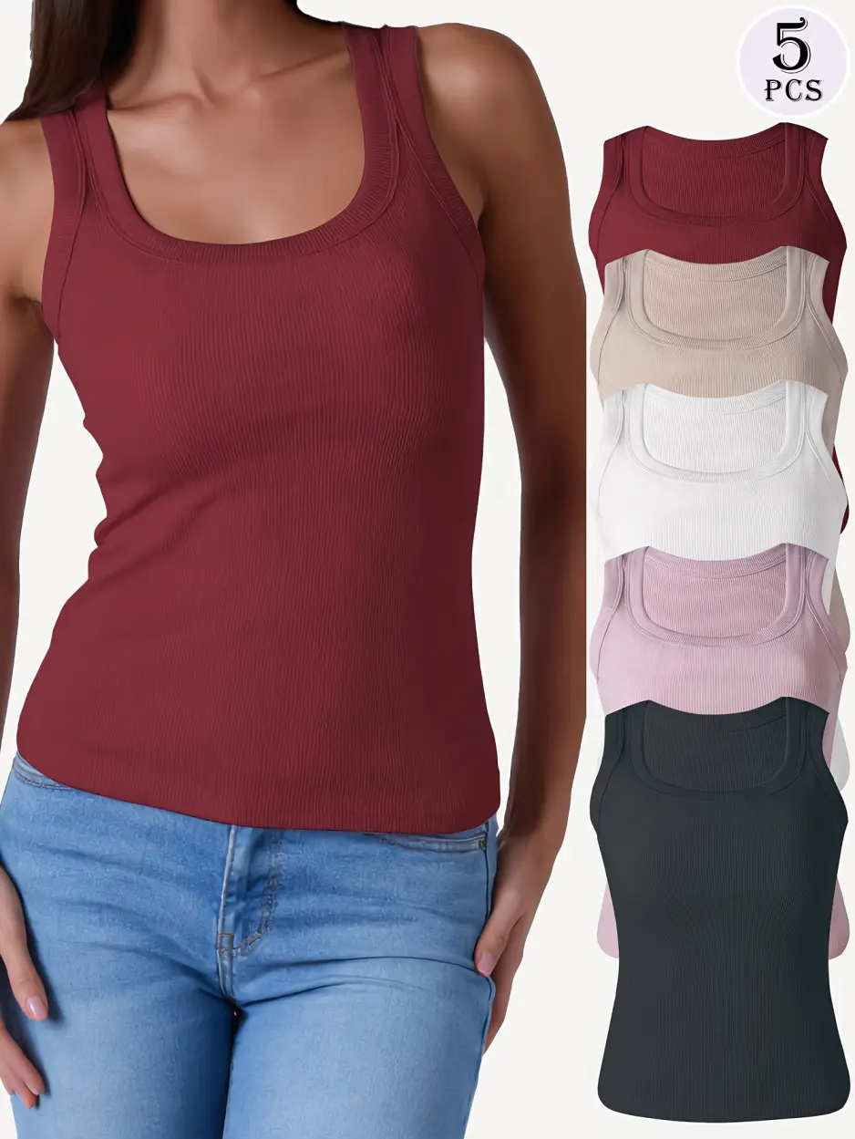 【Free Shipping】Women's Ribbed Tank Tops , Soft Stretch Camisole Tank Tops for Women, Sleeveless Scoop Neck Basic Cami Shirts, Cotton Rib Knit Fitted Layering Undershirt, Workout Yoga Gym Casual Summer Tops, Black White Beige Pink Burgundy, S-XXL，5 Pack