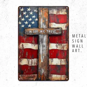 "In God We Trust" Patriotic American Flag & Cross Aluminum Sign – 8*12 Inch Vintage Christian Wall Décor for Home, Church, Garage & Office – Inspirational Religious Faith Gift