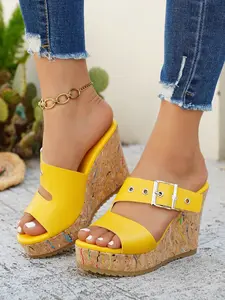 Women's Summer Wedge Sandals, High Heel Thick Sole, Wood Grain Anti-Slip Beach Shoes, Fashionable Wedge Shoes, Fashion Comfortable Footwear, Buckle Design