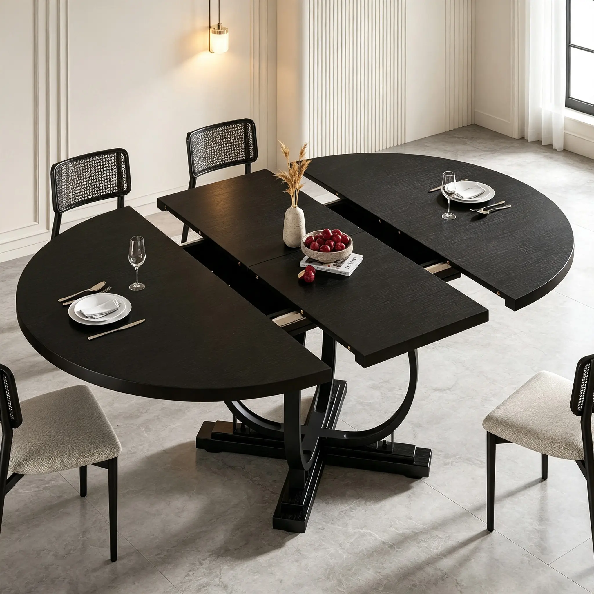 Gyfimoie 43.3"-59" Extendable Dining Table, Convertible Round to Oval Dinner Table with Hidden Storage & Sturdy Metal Frame, Dining Room Table for 4-8 Seats, Modern Dining Table for Kitchen & Dining Room, Easy to Assemble