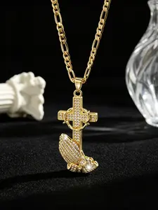 Fashion Hip Hop Iced Out Cross and Praying Hands Pendant Necklace, Premium Religious Blessing Jewelry, Elegant for Holiday Occasions, Unisex Design, Ideal for Mother’s Day, Christmas Gifts and Wedding Matching Accessories