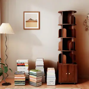 360° Rotating Bookshelf with Cabinet – 5-Tier Wooden Corner Bookcase, Narrow Space-Saving Freestanding Display Rack & Organizer for Bedroom or Living Room, Walnut