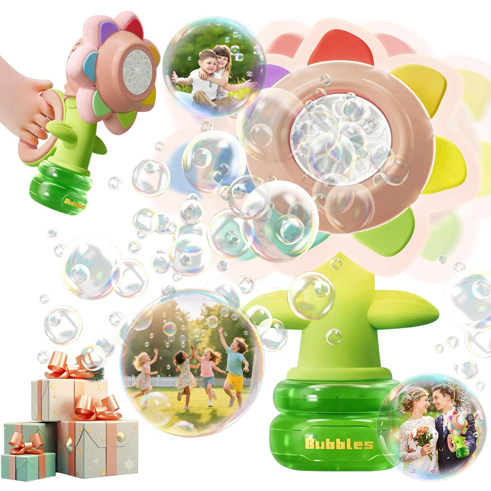 Handheld Sunflower Bubble Machine - USB Rechargeable, 7-Color Night Light, Large Bubble Output, Portable Round, Multifunctional Bath & Summer Toy Gift for Kids (Indoor/Outdoor Party Use)