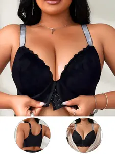 Plus Size Lace Push-Up Bra with Front Buckle, Sparkling Shoulder Straps, Backless Anti-Sagging Innerwear, Party Sexy Lingerie