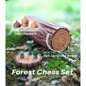 Roll-Up Forest Chess/Checkers Set - Log & Mushroom Chess/Checkers Board with Coasters | Portable Travel Roll Up Boardgame Decor ForgeCore