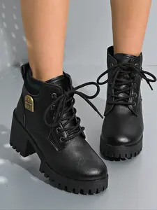 Women's Mid Heel Anti-Slip Fashion Waterproof Boots, Ankle Booties with Laces, Short Casual Shoes for All Seasons