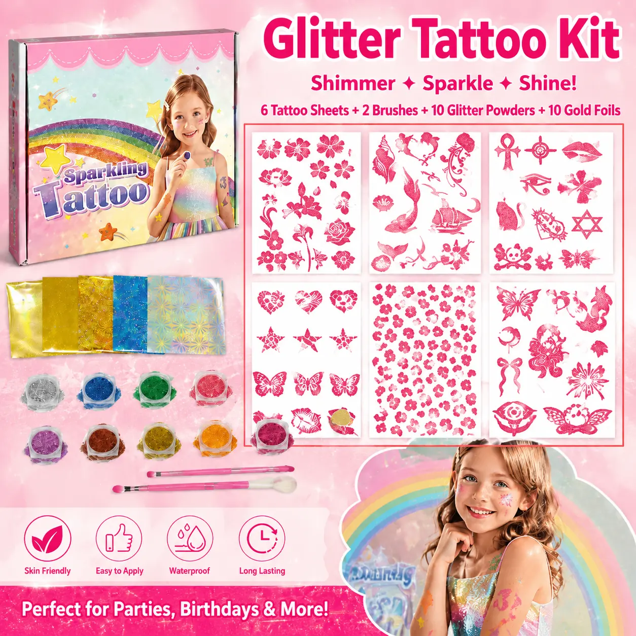 【Halloween Gift】Temporary Glitter Tattoo Kit, Glitter Makeup Kit with 10 Glitter Colors, 60+ Unique Stencils, 2 Brushes, DIY Shimmer Body Art Set for All Ages, Party Makeup, Festival Accessories, Birthday Gifts, Halloween & Summer Fun