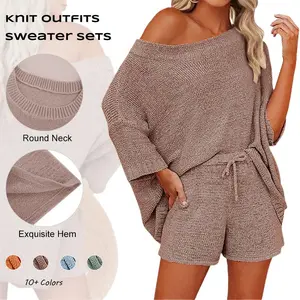 Imily bela Women's 2 Piece Outfits Sweater Sets Off Shoulder Knit Top Shorts Matching Suits Cute Pajama Lounge Set