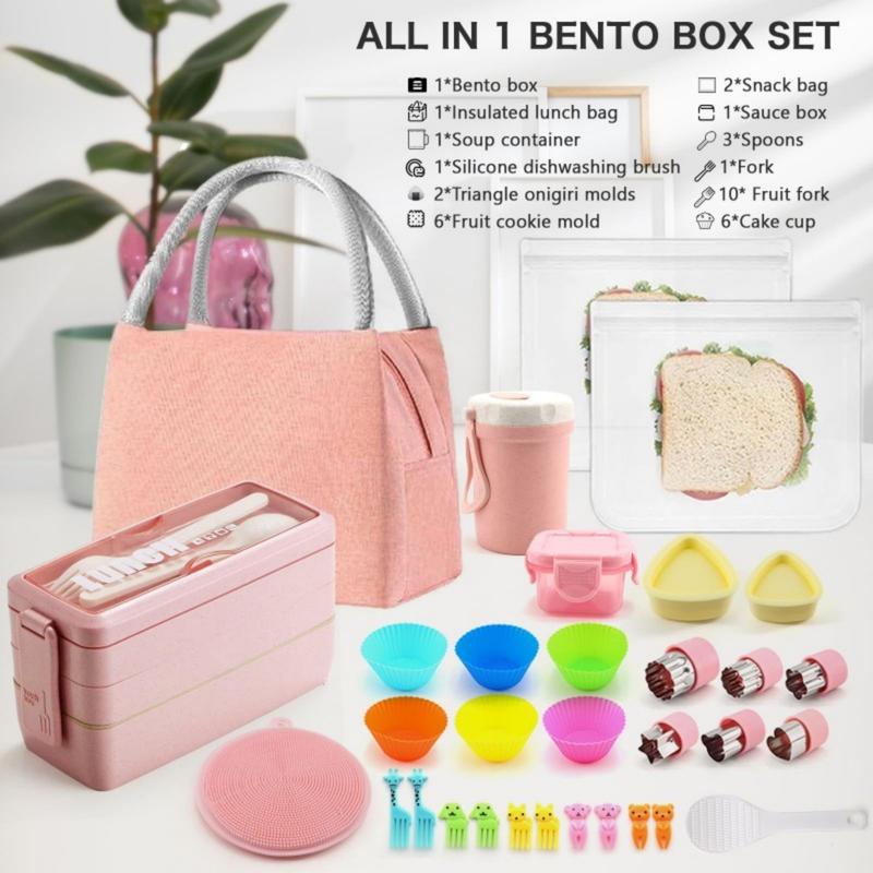 35-Piece Lunch Box Kit Leakproof Bento Lunch Box for Adults Wheat Straw 3-Layer Stackable Lunch Containers with Compartments Eco-Friendly Meal Prep Containers (Pink) Three-Compartment Leak-Proof