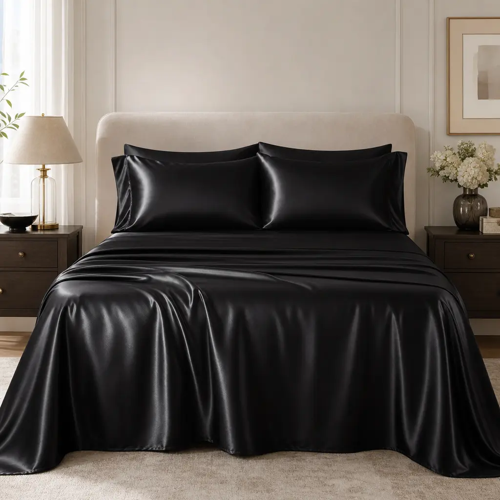 Sasttie Satin Sheets Queen Size - 4 Pieces Luxury Soft Black Silky Bed Sheets Set with Pillowcases - Smooth Silk-Like Satin Fabric, Reinforced 14 Inches Pocket, Oeko-Tex Certified