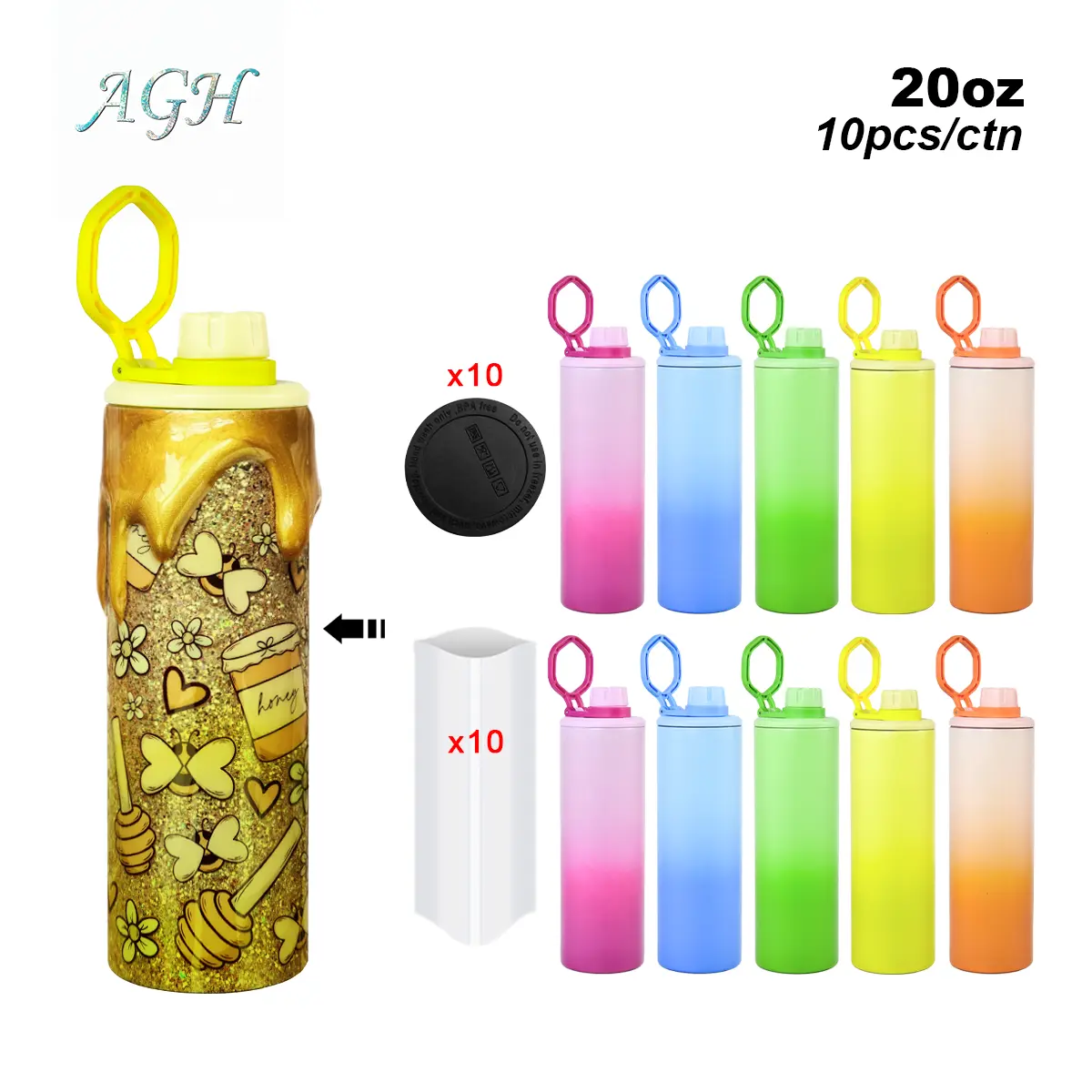 AGH US [New Product] 10pcs 20oz Sublimation Matte Color Gradient Tumbler with Color Handle Lid for Your DIY Gifts Drinkware Bottle