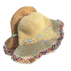 Women's Viral Rainbow Trim Straw Bucket Hat - Handmade Woven Wide Brim Sun Protection Cap, Soft Boho Style with Pastel Flower Strap, Perfect for Beach & Summer Daily Looks, Vintage Herringbone Newsboy Hat