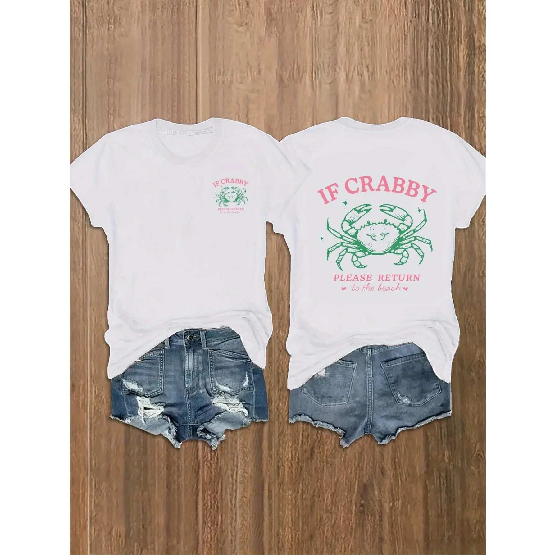 Women's Crab Print Graphic Short-Sleeve Round-Neck Double-Sided Print Casual T-Shirt