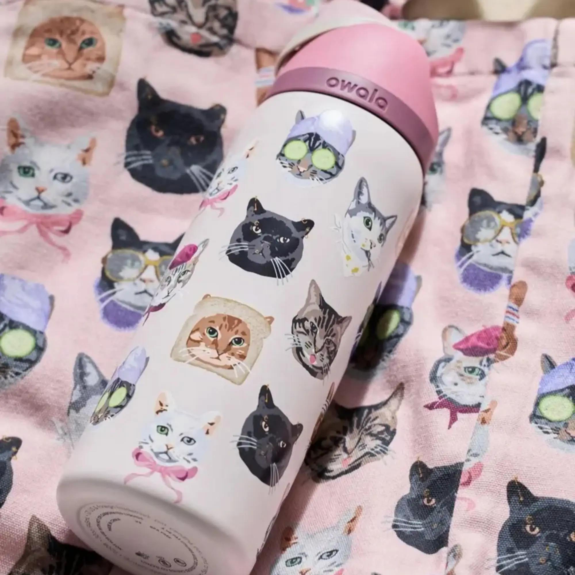 Owala Cat Lovers Water Bottle with Adorable Cat Designs and Pink Lid for Daily Use