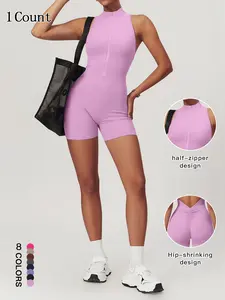 Women's Solid Ribbed Mock Neck Romper, Casual Comfy Sleeveless Skinny Romper for Summer, Ladies Clothes for Daily Wear