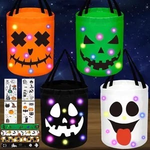 4Pcs Halloween Trick or Treat Bucket Candy Bags - LED Light up Pumpkin Basket Gift for Kids with Bracelets Stickers