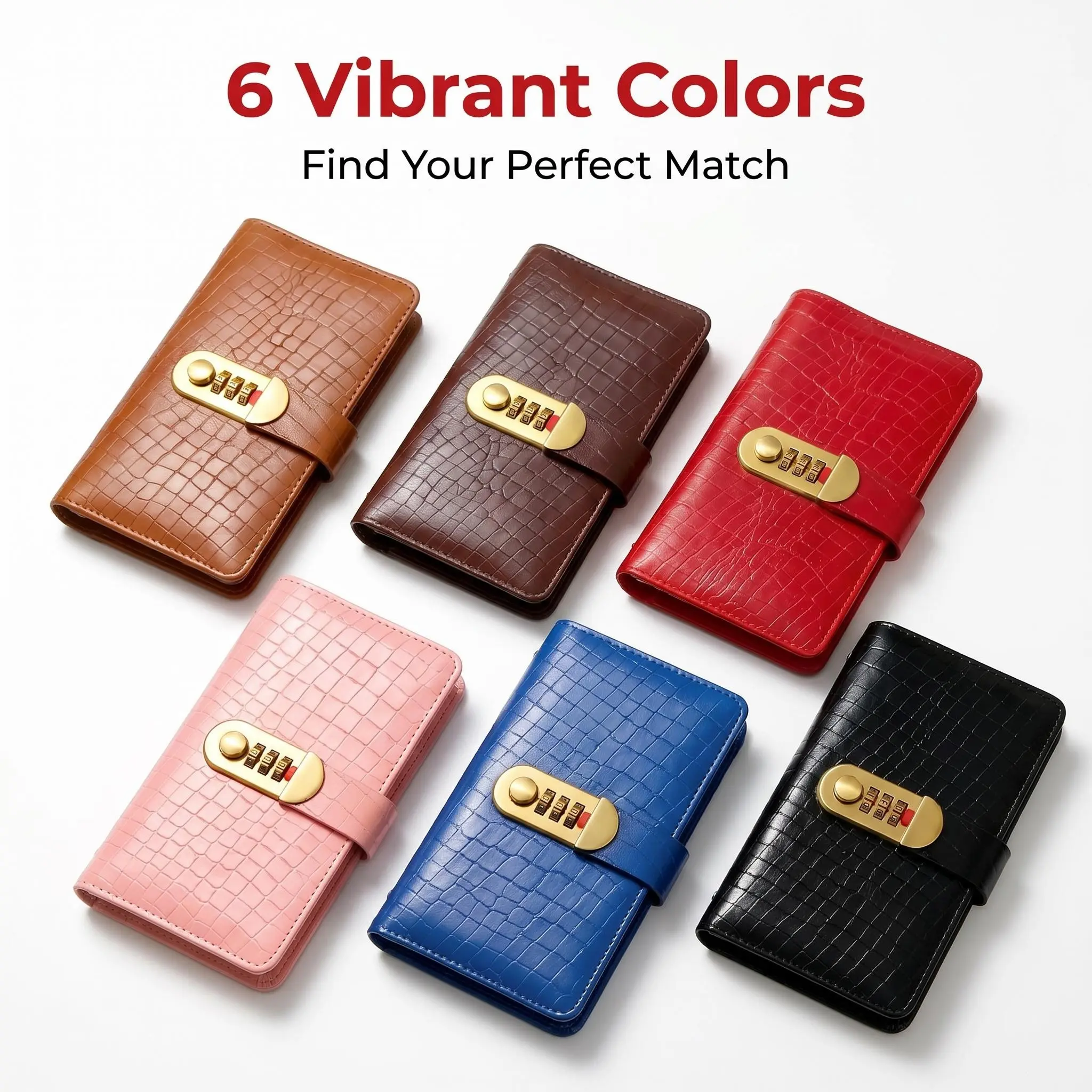 Crocodile Texture PU Leather Password Lock Notebook Journal, Long A5 Code Lock Diary with Multi-Card Slot Secret Writing Planner, Privacy Protection Locked Notebook for Teen Girls Students, 6 Colors