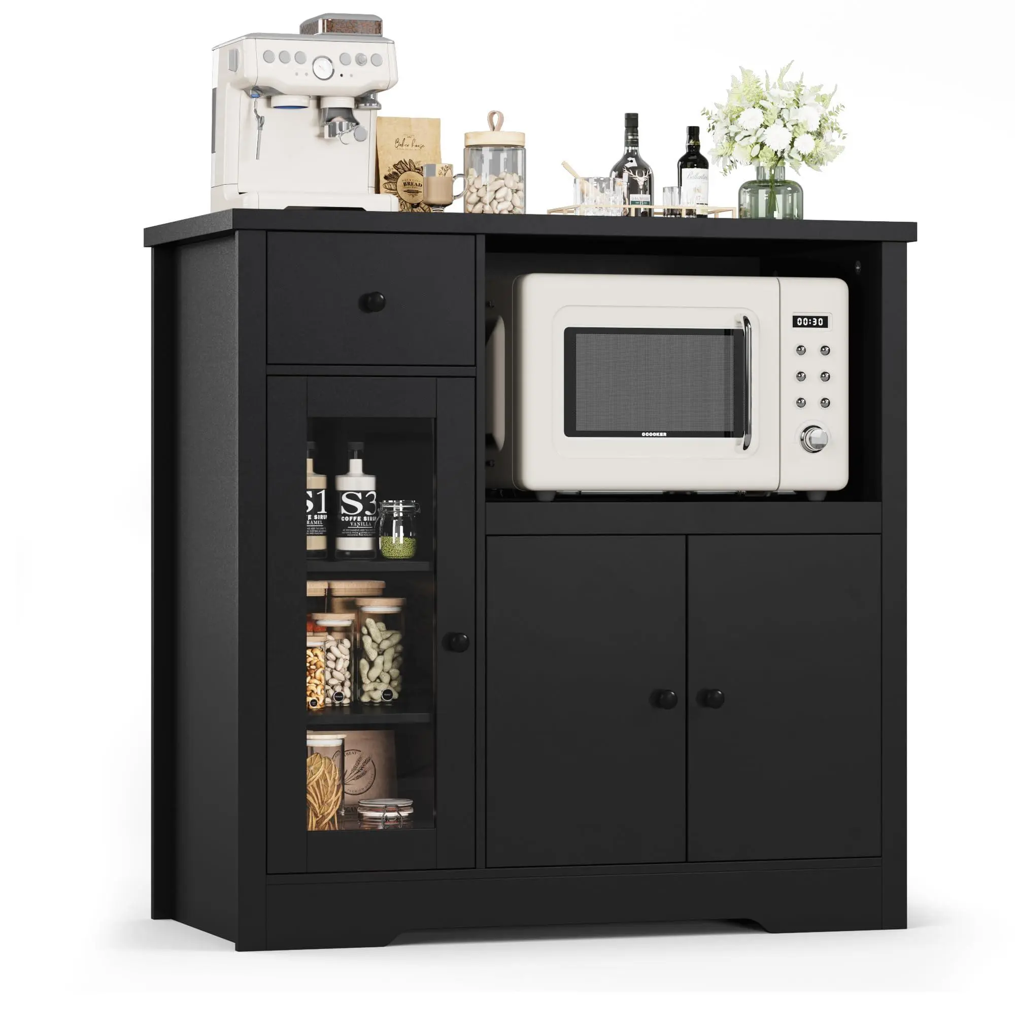 Kitchen Microwave Cabinet with Storage, 3 - Door Buffet Sideboard Featuring 1 Drawer and Adjustable Shelves for Pantry Storage,Black