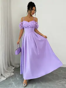 Elevated Floral Strap Dress, Womenswear, Shoulder-Exposed Bubble Sleeves, Waist-Tailored A-Line Hem, Elegant Slimming Fit Formal Party Date Gown, Elegance Chic