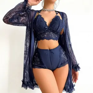 Women’s Lace Lingerie Set – 3 Piece Sheer Mesh Sleepwear Spaghetti Strap Nightdress with Robe Lightweight Breathable Summer Pajama Set Lingerie Set / Lace Sleepwear / 3 Piece Pajama / Sheer Nightdress