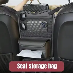 Car Organizer Storage Between Seats, PU Leather Front Seat Storage Bag with Tissue Holder, Automotive Console Hanging Net Pocket Handbag Holder for Phone Document