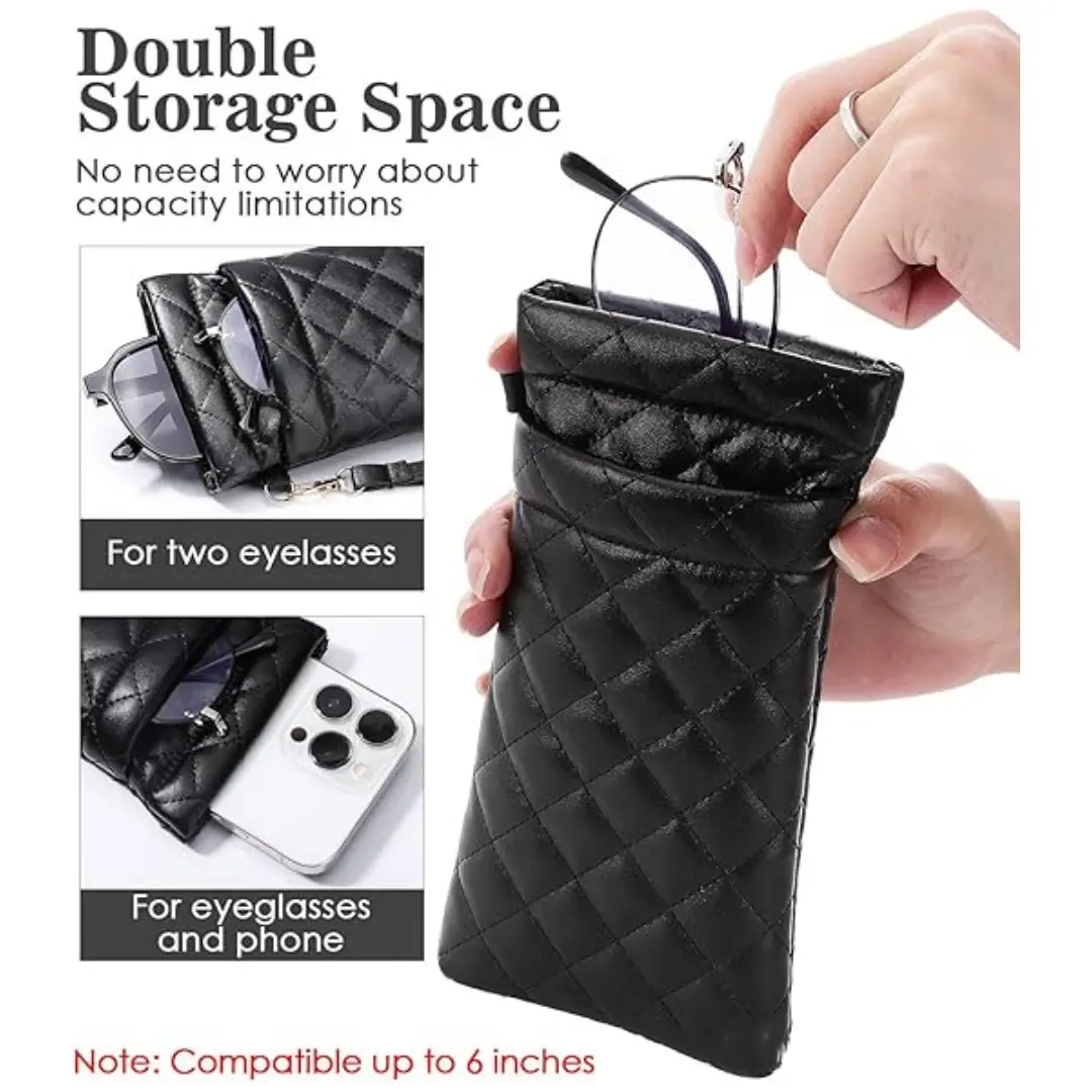 Double Eyeglass Case Glasses Case Soft with Carrying Strap Leather Eyeglasses Pouch Sunglasses Case For Women Men