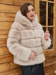 Women's Solid Faux Fur Hooded Jacket, Casual Long Sleeve Open Front Outerwear for Fall & Winter, Women's Clothing for Daily Wear