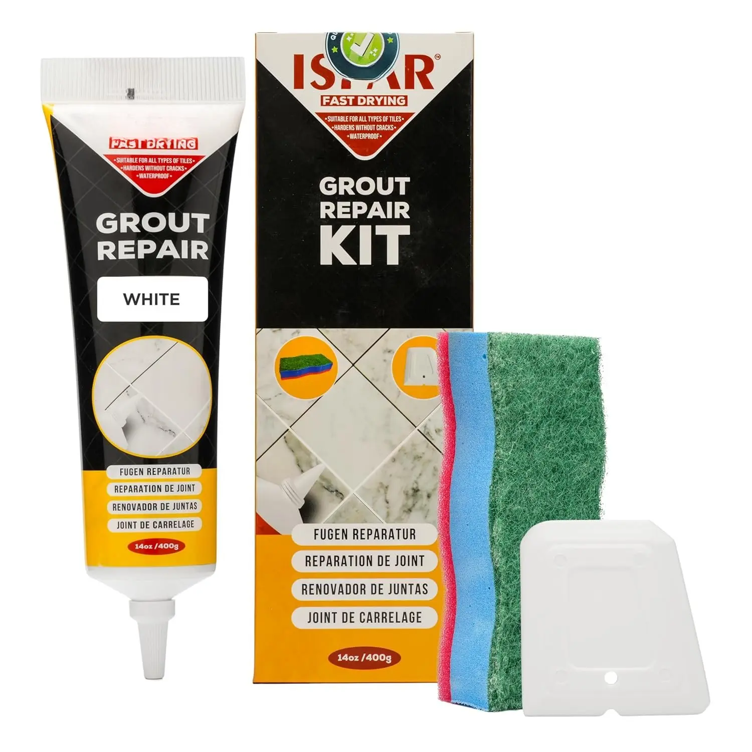 Tile Grout Repair Kit - White Grout Filler 14 oz for Wall and Floors Tile Joints with Spatula and Sponge, Repair Mortar, Fill and Reviver The Joints, Quick-Drying, Ready Mixed Grout