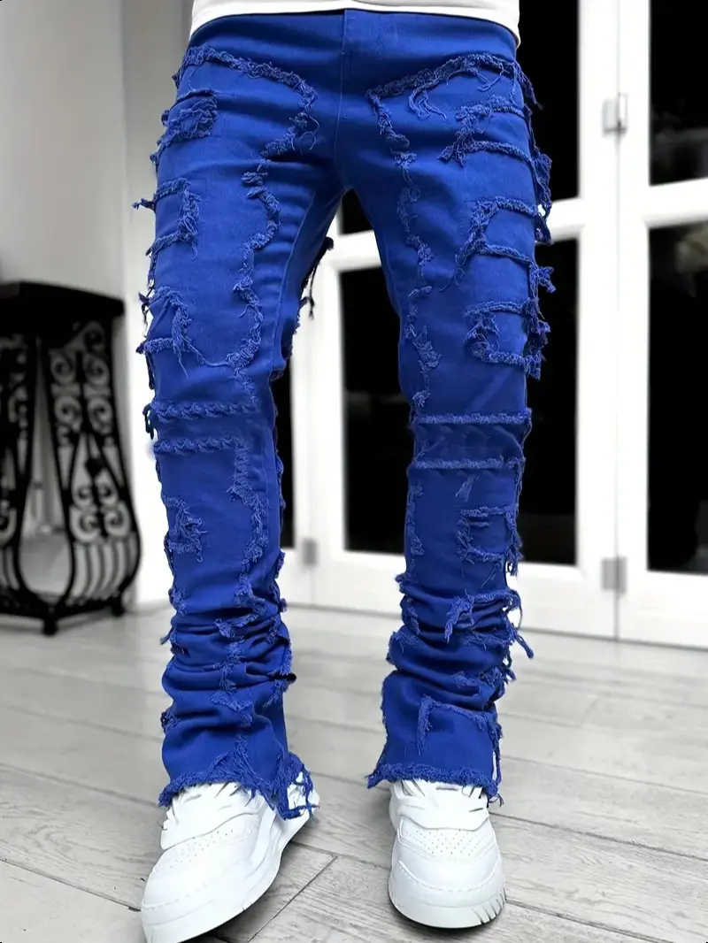 Straight-Fit Creative Tassel-Decorated Jeans, Men's Casual Medium-Stretch Denim Pants, Street Style, Perfect for All Seasons.