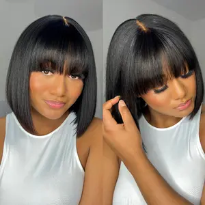 Cynosure Hair Glueless Short Straight BOB Wigs With Bangs 1*2.75 Top Lace Scalp Human Hair Wig
