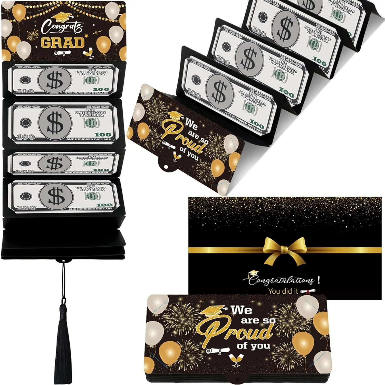 Black and Gold Graduation Money Holder - Card Stock, Envelope Included, Cash Envelope Binder, 10 Cash Slots, Greeting Card Organizer, Tassel Decor, Balloon Print, Proud Message, Festive Celebrations Gift for 2026 Graduates
