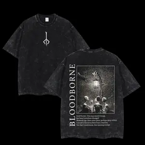 Bloodborne - Hunter and Lamp Messengers Double Printed Oversized Unisex Acid Washed Lightweight Cotton T-Shirt, Gift For Game Fan, Streetwear, Graphic Tee