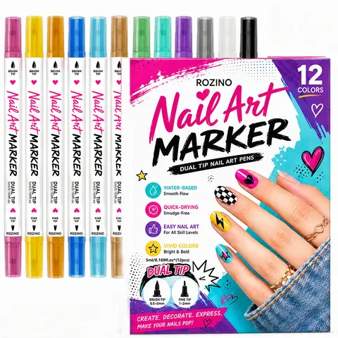 Rozino Creative Cosmetic Manicure Nail Art Marker Set - 24 Colors, 12 Dual Tips (Brush & Fine), Alcohol-Free, Fast Application, Quick-Drying, Smudge-Free Nail Care Tool for All Skill Levels