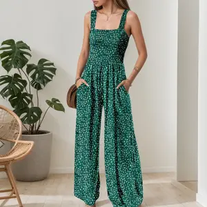 One piece women's casual loose jumpsuit sleeveless printed wide leg pants workwear green bohemian style pocket jumpsuitRAIMENTRY