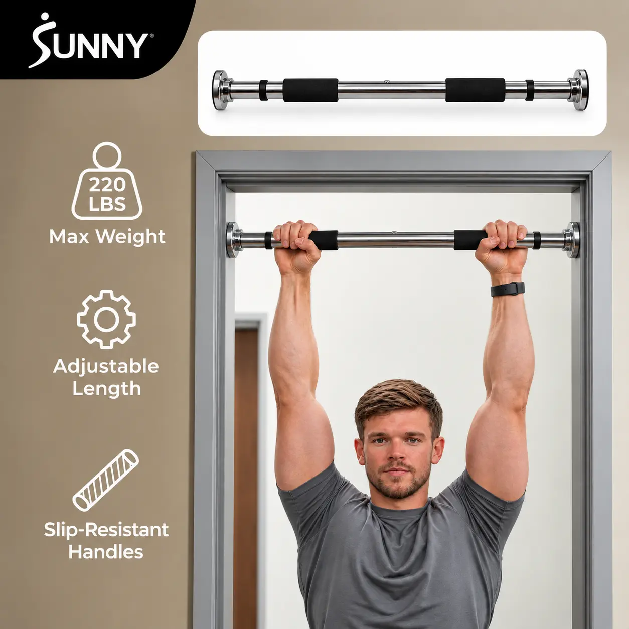 SUNNY Unisex Chrome Steel Doorway Chin-Up Bar, Adjustable 24.5"-36" Heavy-Duty Home Gym Kit, Push-Ups, Leg Lifts & Upper Body Strength Training, At Home Gym Equipment for Bodybuilding Pull-Ups