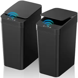 2 Pack 2.2 Gallon Automatic Touchless Garbage Can, Small Motion Sensor Smart Trash Can, Slim Waterproof Trash Bin for Bedroom, Bathroom, Office, Living Room, Black leather holder