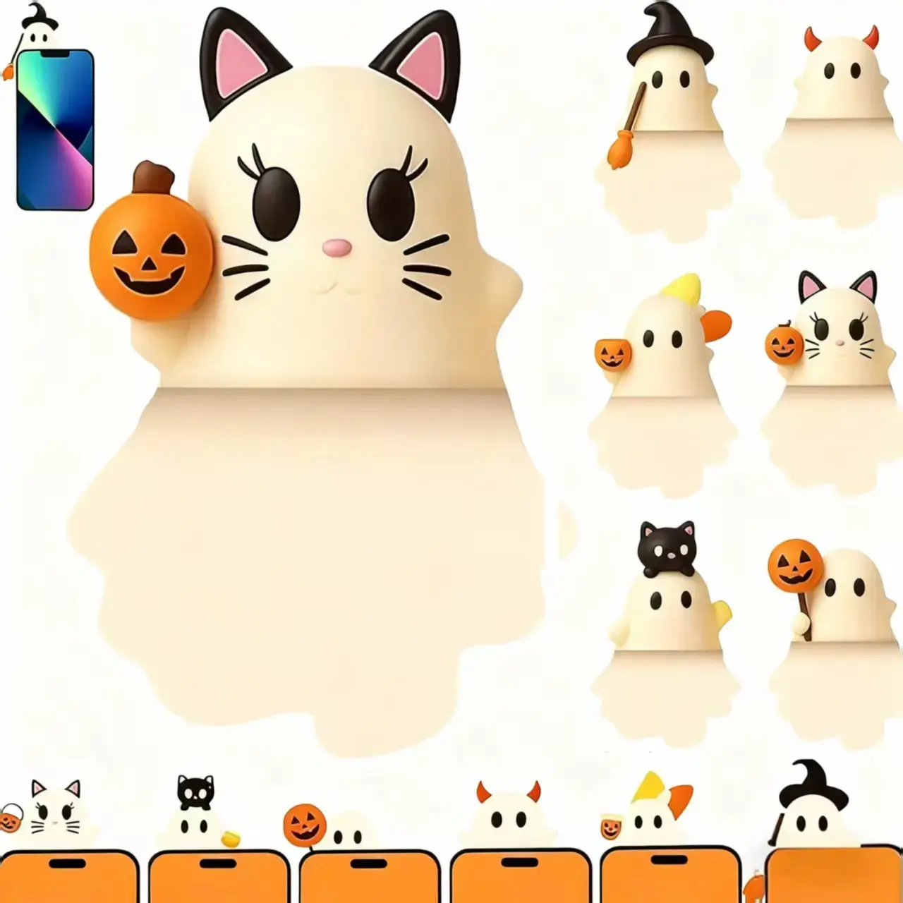 Humwam 6‑Pack 3D Ghostees Mysterious Phone Buddies, Cute Halloween Faux‑Leather Phone Decor, Peel‑and‑Stick Surprise Mini Figures with Ghosts, Pumpkins & Bats, Fun Prank‑Style Desktop Accessories for All Smartphones ：6  3D Ghostees
