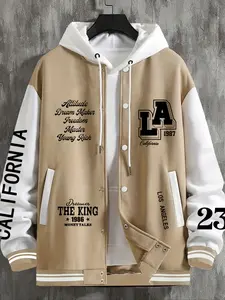 Men's Casual La-1987 Los Angeles Print Baseball Jacket, Fitted Geometric Design, All Seasons Wear, Versatile Net Edition