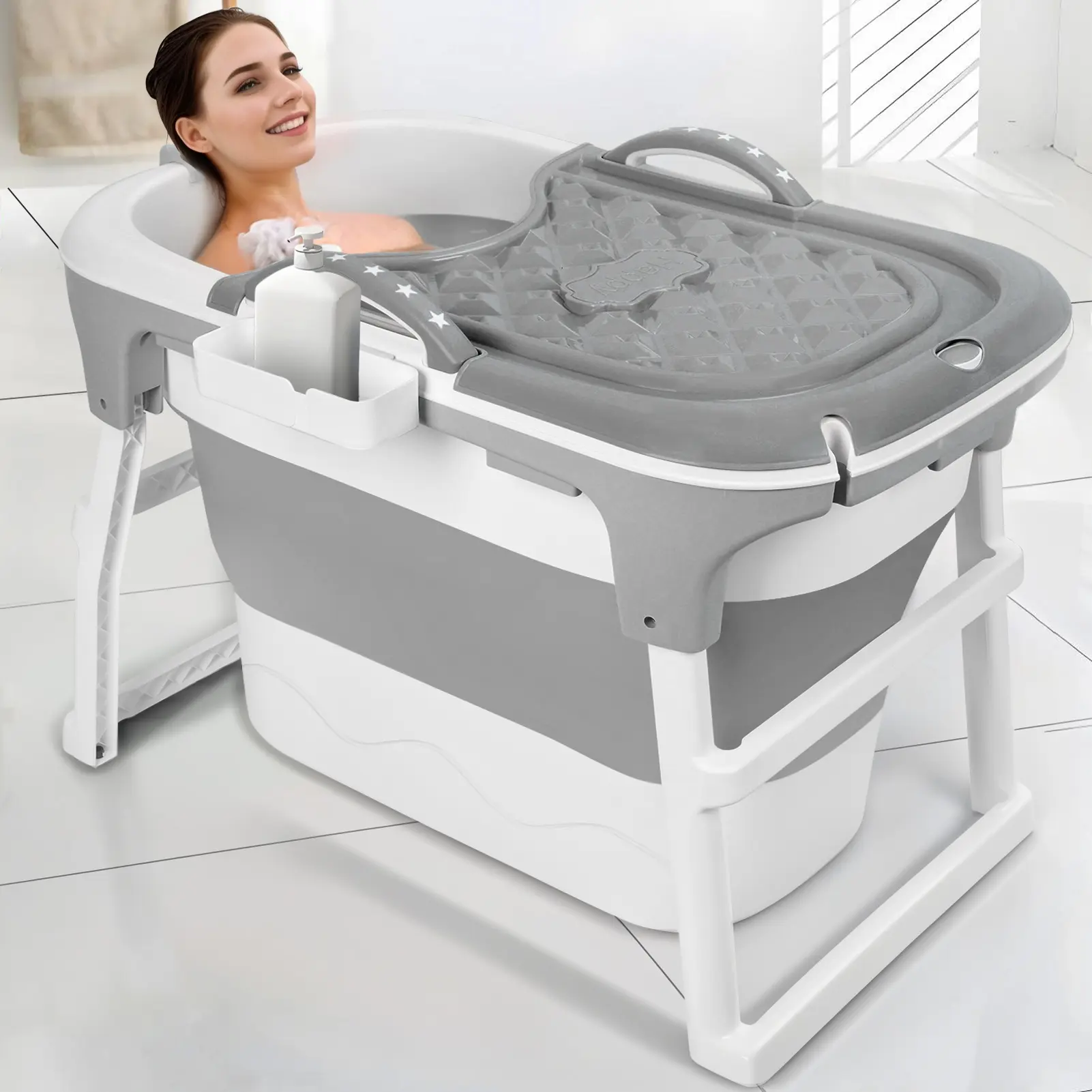 Portable Bathtub Foldable Bathtub for Adults, Freestanding, for Travel, Camping Insulated Heat Retention, Collapsible 40.5"x23.6"x29.5" Plastic with Thermal Cover