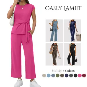 Casly Lamiit Women's 2-Piece Basic Casual Set, Lady's Comfortable Round Neck Cap Sleeve Belted Top & Wide Leg Trouser, Travel Airport Outfit, Minimalist Women's Clothes, Multiple Colors Including Black