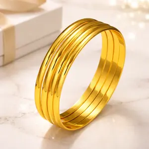 Minimalist Plain Gold Plated Bangle Set 4pcs Stackable Copper Bracelets for Daily Wear Layered Jewelry Accessories for Women Valentines&birthday Boujee Gifts for gf