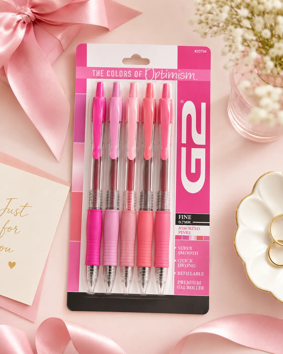 G2 Retractable Gel Pens, 0.7mm Fine Point, Assorted Ink Colors, Pink Premium Barrel, 5-Count Pack