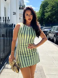 Women's knitted jacquard Stripe sleeveless short dress, summer dress, bohemian style, suitable for beach, vacation, leisure, festivals, daily wear, elegant and fashionable women's choice