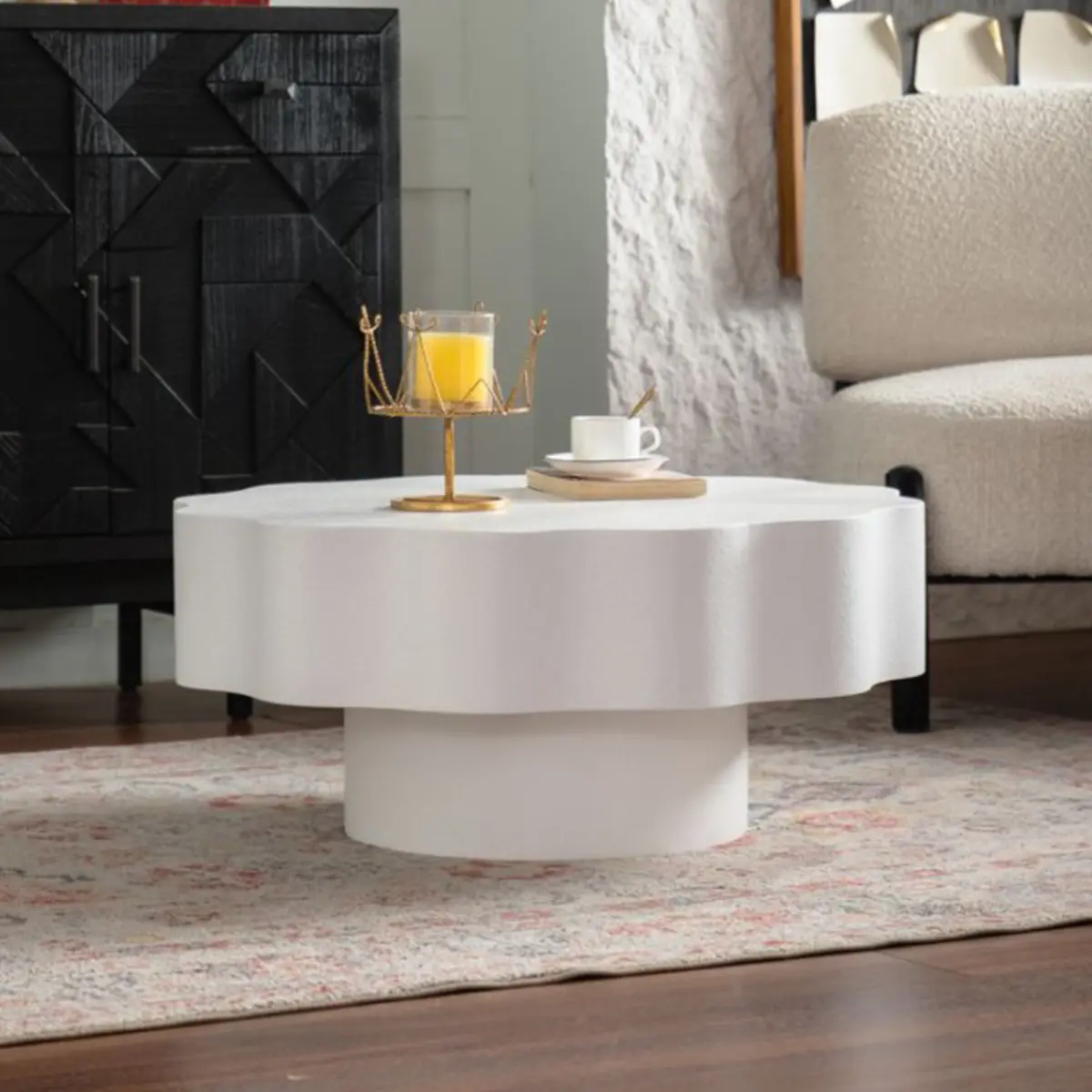 Modern Round Scalloped White Pedestal Coffee Table - Minimalist MDF Desk Top, 31.50x31.50x13.98 in, Wave-Edge Shape, Easy Installation, Elegant Focal Piece for Stylish Bedrooms, Indoor Floor-Mount Table