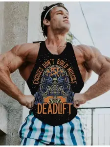 Men's Thin Strap Vest, Skull Deadlift Graphic, Gym Training Sleeveless Shirt, Loose-Fitting Workout Top for Fitness Enthusiasts