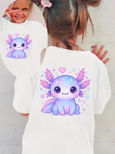 Girls' Summer Casual T-Shirt - "Axolotls" Cartoon Print, Pink Short Sleeve Tee with Colorful Axolotl Illustrations, Lightweight & Breathable Fabric for Outdoor Play, Cute T Shirts
