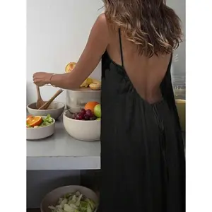 PlusSizeWomenSolidColorOpenBackTie-UpLooseLongCasualDress